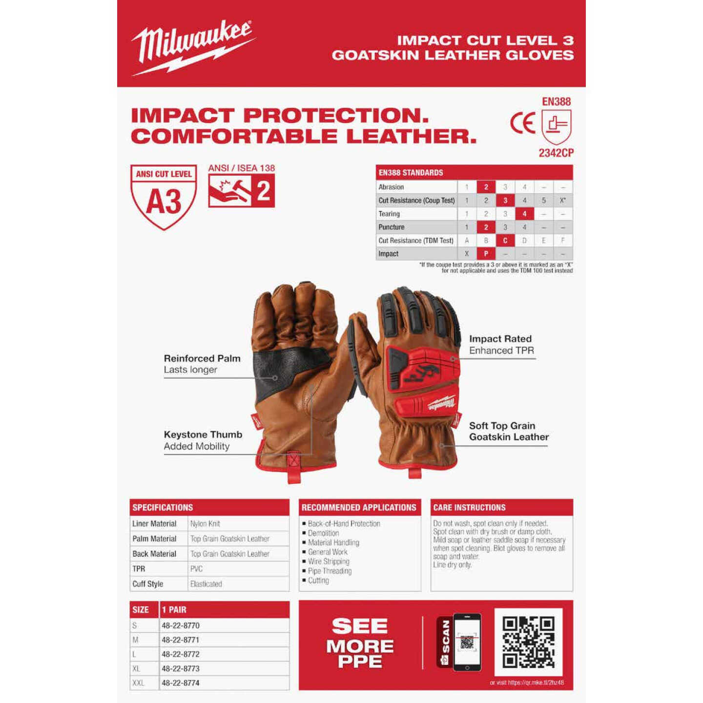 Milwaukee Impact Cut Level 3 Unisex Large Goatskin Leather Work Gloves -  Baller Hardware
